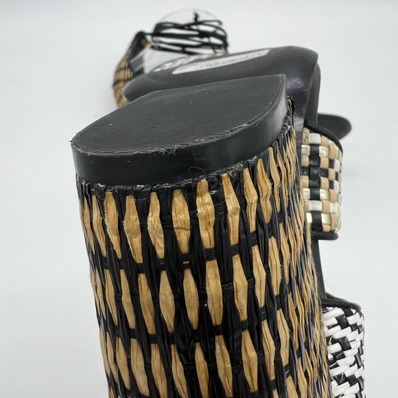 Schutz Woven Raffia Block Heel Lace-Up Strappy Sandals Black/White Sz 7 - Picture 9 of 16